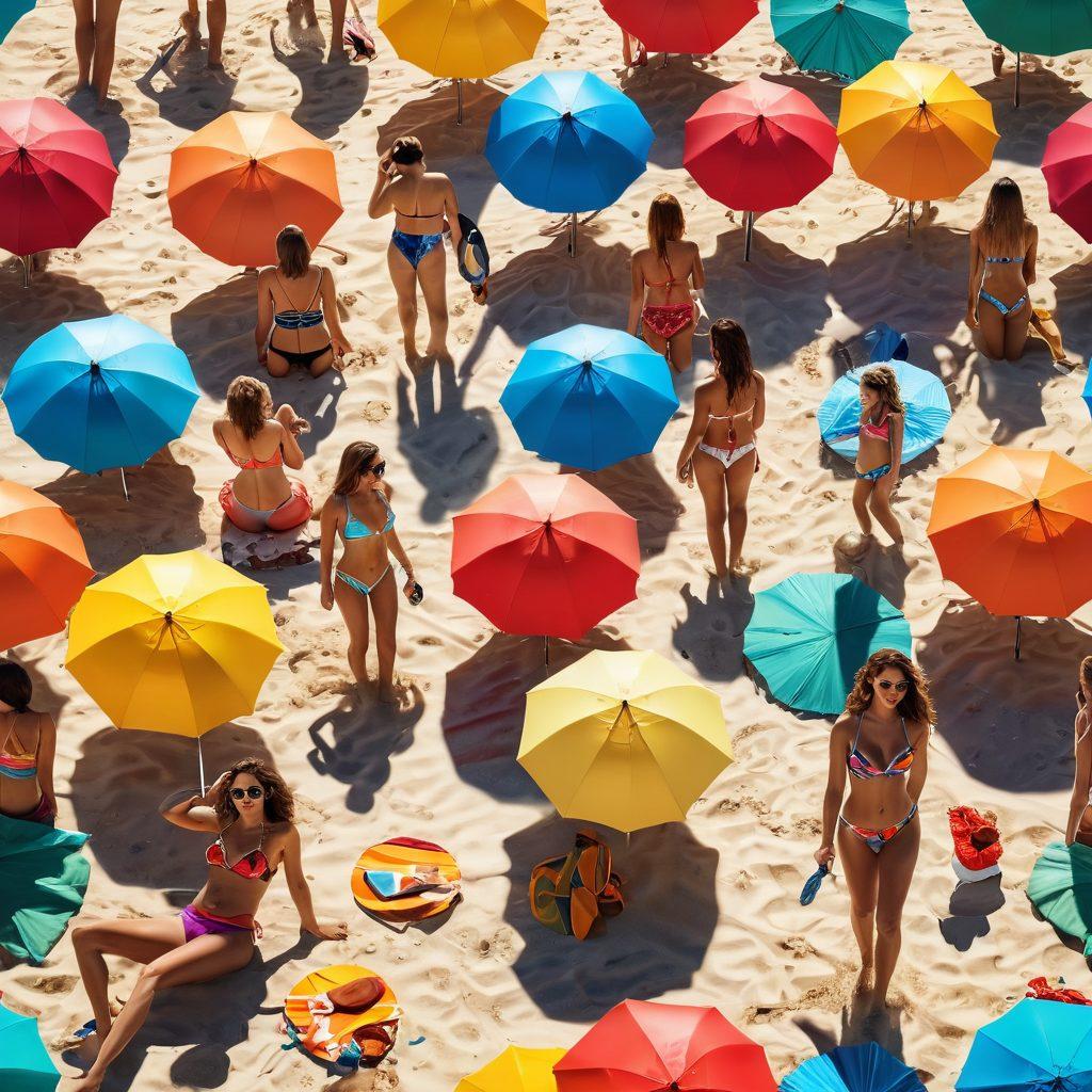 A vibrant beach scene showcasing diverse people in stylish swimwear, engaged in cinematic activities like filming or taking photos. The sun reflects off the waves, creating a magical atmosphere with colorful beach umbrellas in the background. Capture the essence of summer joy and creative expression, highlighting the blend of fashion and film. super-realistic. vibrant colors. sunny mood.