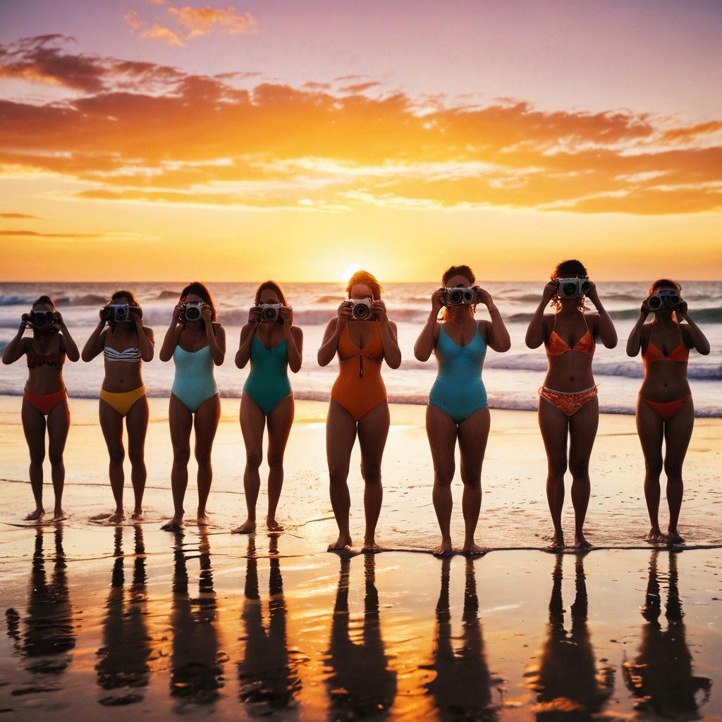 A cinematic beach scene featuring a diverse group of people in vibrant bathing suits, capturing iconic moments with vintage film cameras. The sun sets in the background, casting a golden hue over the ocean waves and creating reflections on the sand. Include a blend of classic film elements like clapperboards and old film reels scattered around. Capture a sense of nostalgia and joy, bringing together the artistry of film and beach culture. soft focus. retro style. vibrant colors. warm tones.